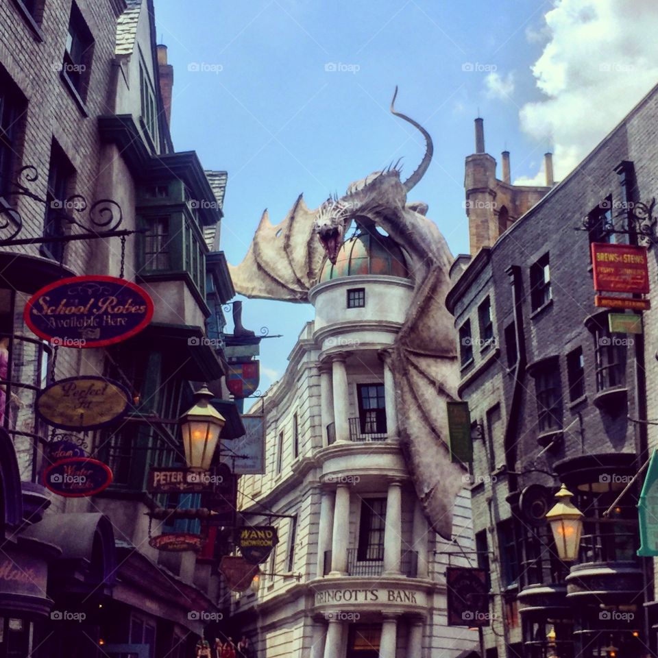 Diagon Alley. Harry Potter World in Orlando, FL. The dragon atop Gringott's Bank. 