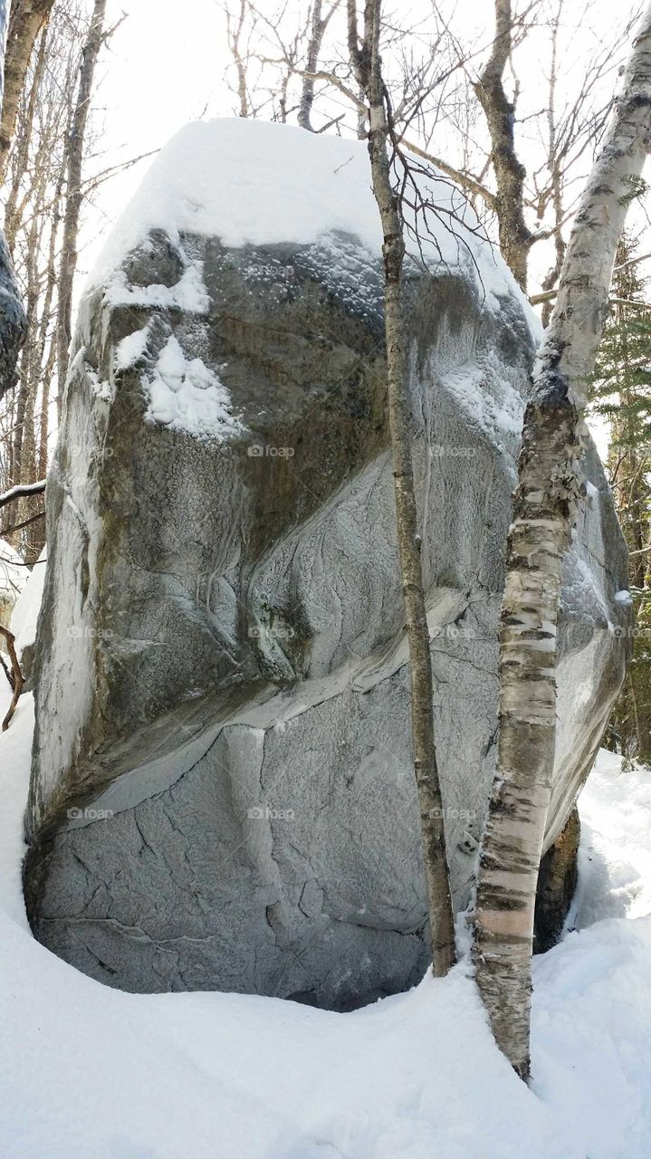 A huge rock in the forest in winter with snow and ice and trees
