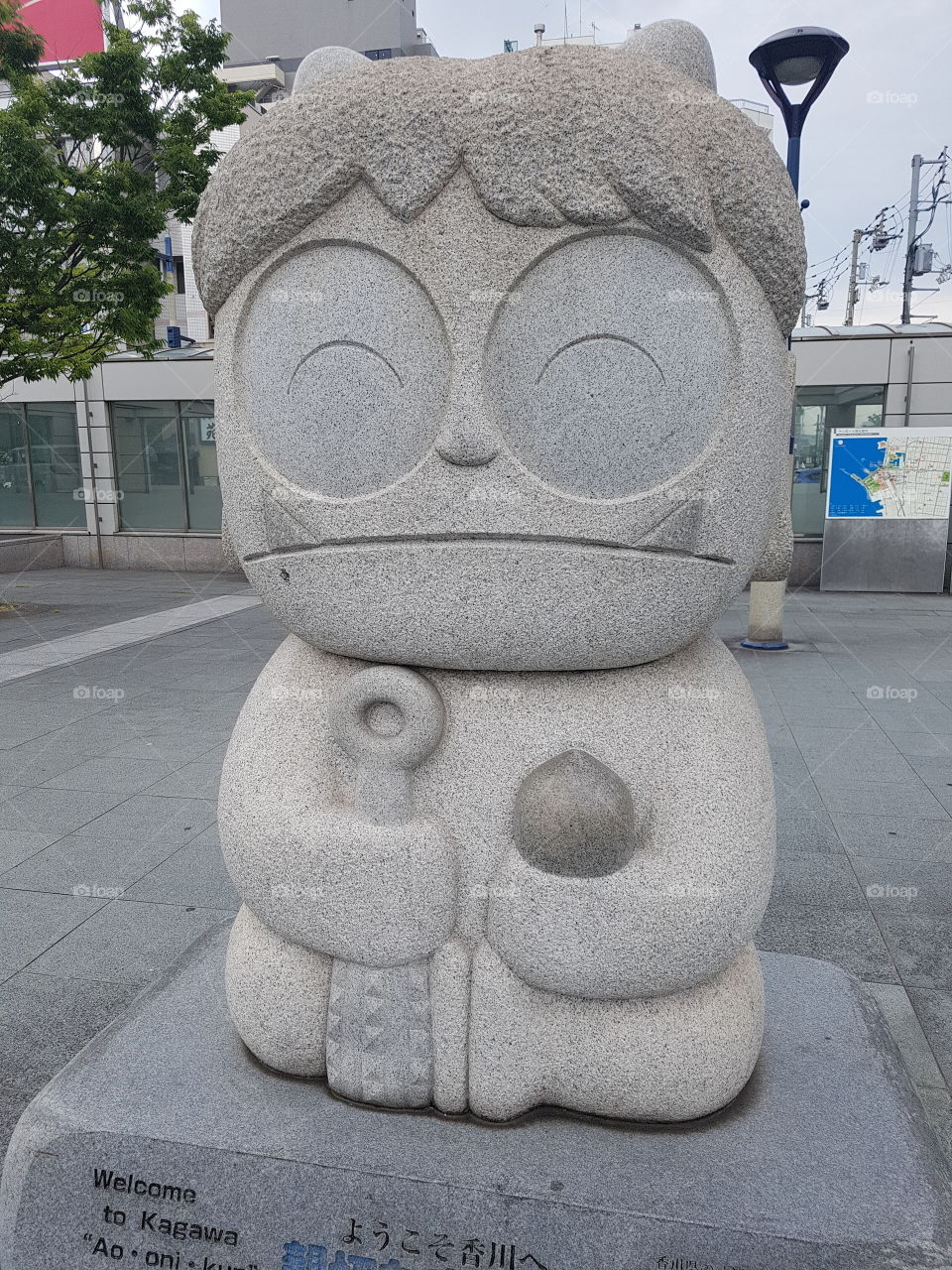A statue of a demon in front of Takamatsu, Kagawa station.