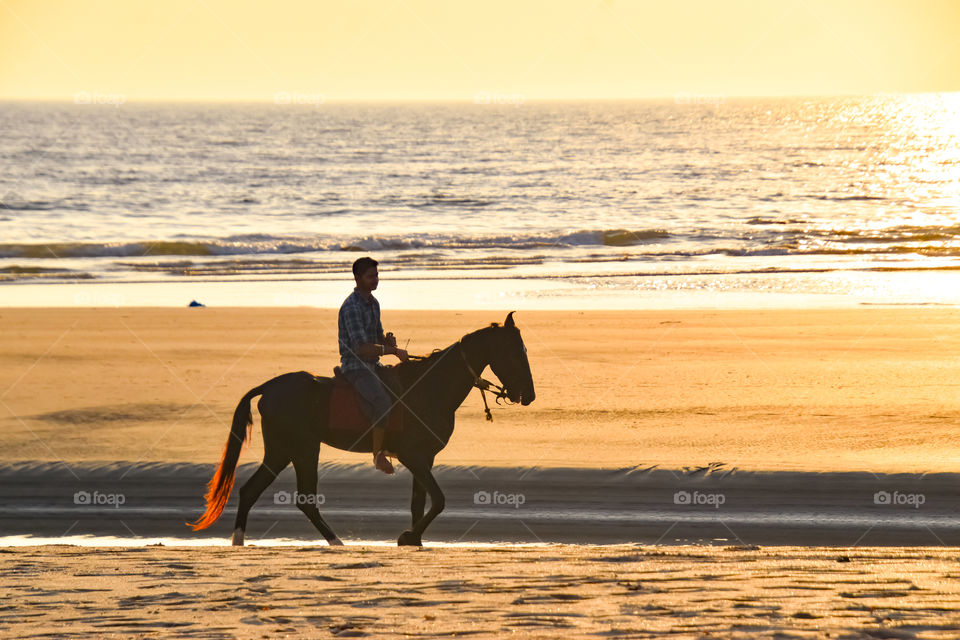 man with horse on the beach during sunset