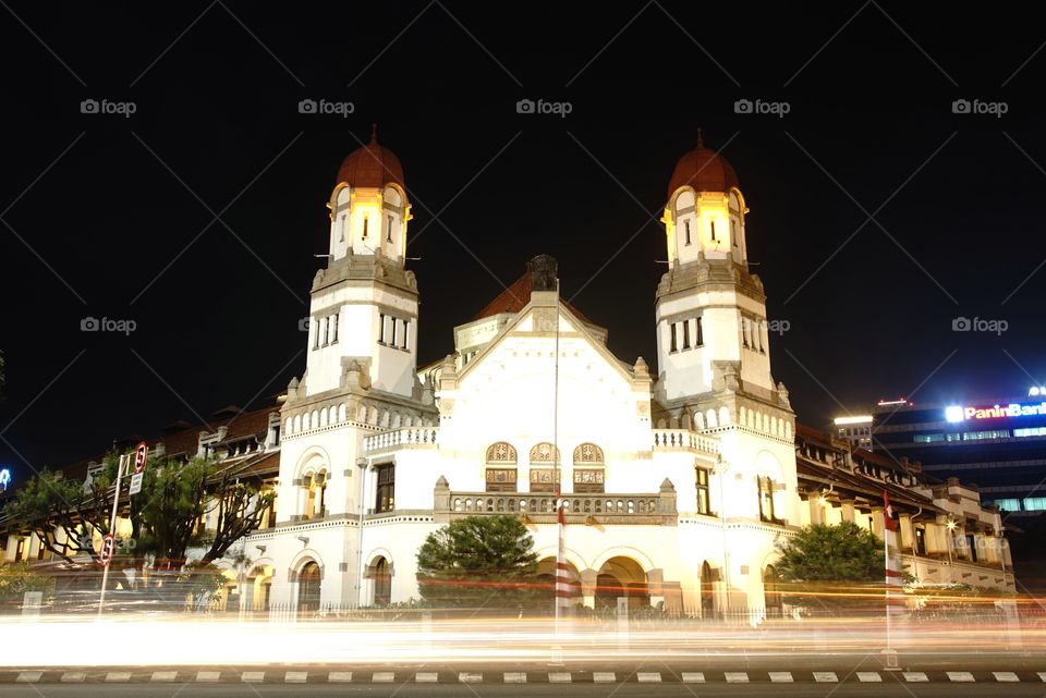 night view of Lawang Sewu, an iconic building in old city of Semarang, heritage of colonial era in Indonesia
