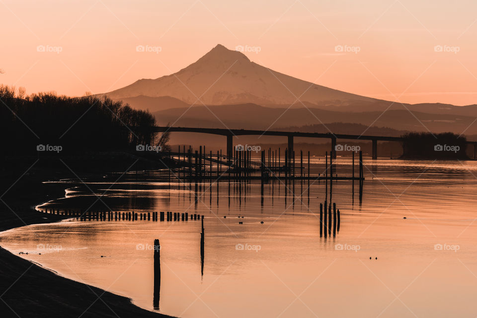 Early morning golden light on the river with Mt Hood in the background 