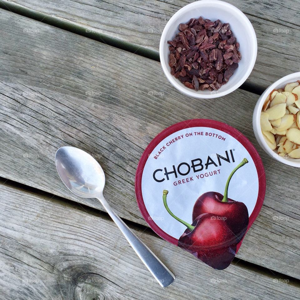 Chobani Cherry + sliced almonds + cacao nibs