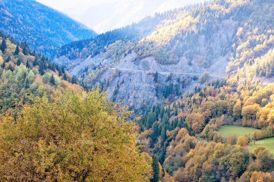 Colorful autumn scene of mountain scape along the way in Georgia 