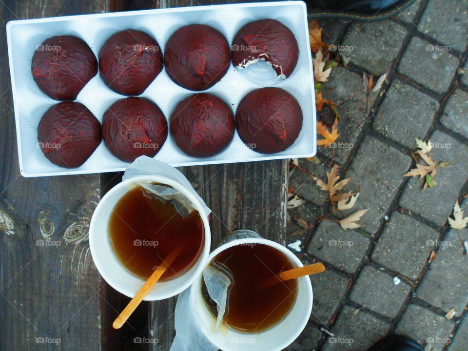 autumn tea with dessert on nature in the park