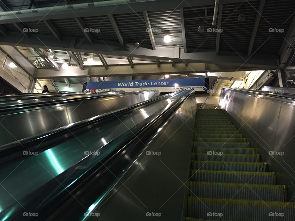 Escalator to subway entrance, World Trade Center, New York city