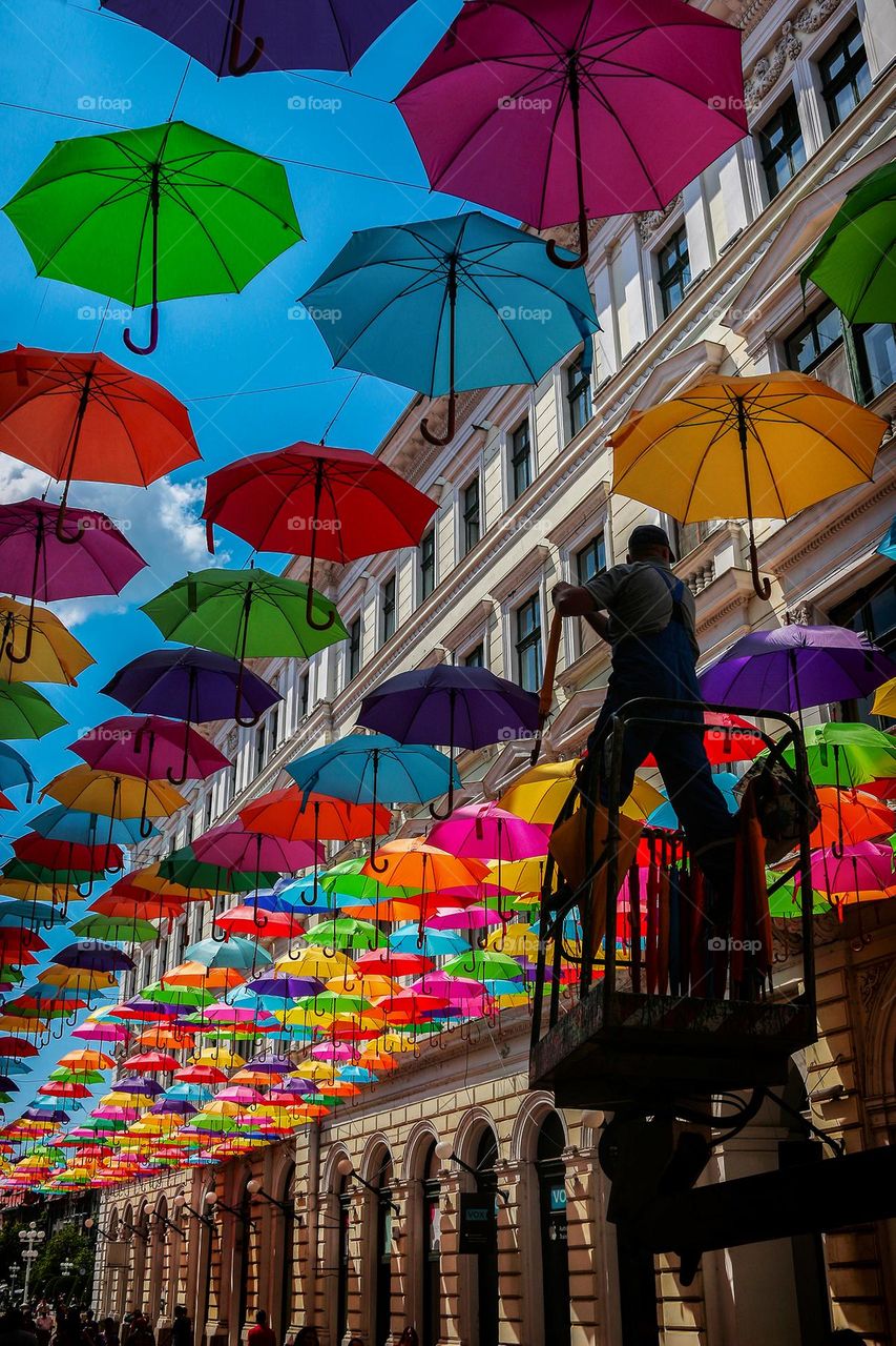 Hanging colorful umbrellas in the street