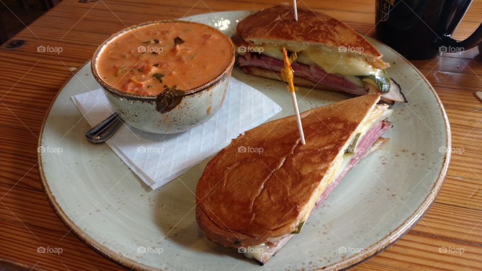 Cuban sandwich with tomato basil soup at Cafe Benelux in Milwaukee, Wisconsin
