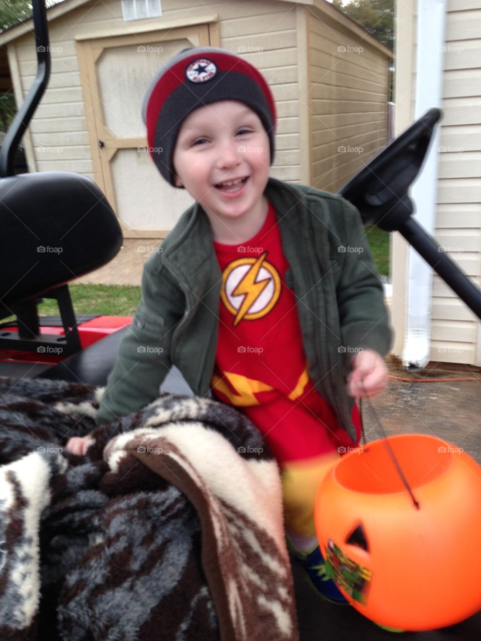 Trick or treating on the golf cart 