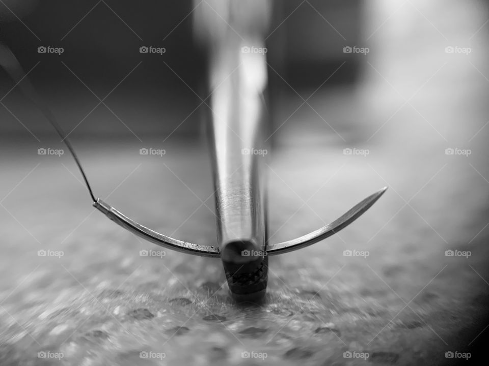 Macrophotography of surgical material: needle holder holding the suture needle