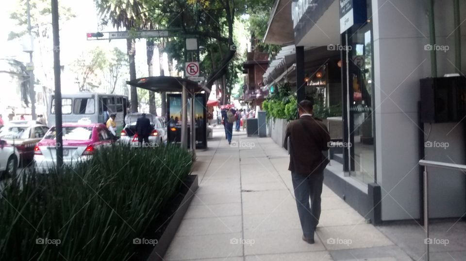 Florencia street 10:30am. people walking and traffic at Florencia street, Zona Rosa, Mexico City
