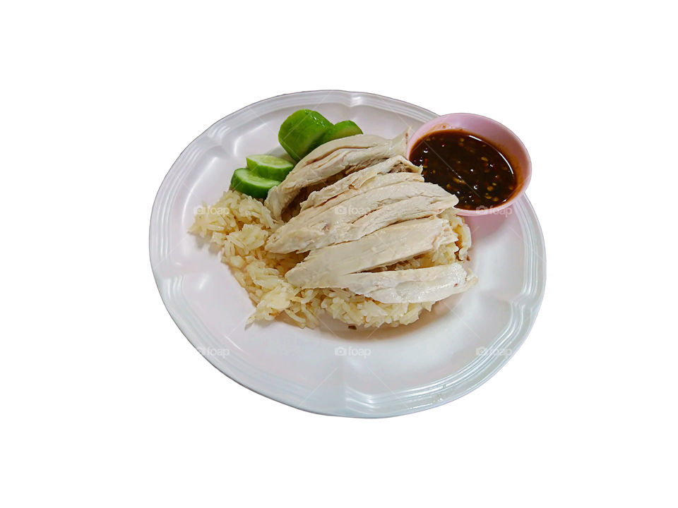 Isolated Boiled chicken and rice on a white background with clipping path.