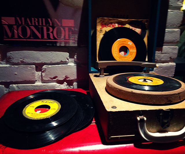 Old school . 45's playing on the record player
