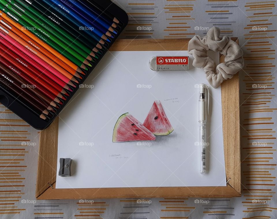 2 Watermelon slices coloured pencil drawing using the Arteza Coloured Pencils and a white gel pen. *entered in the 'flat Lay' mission.