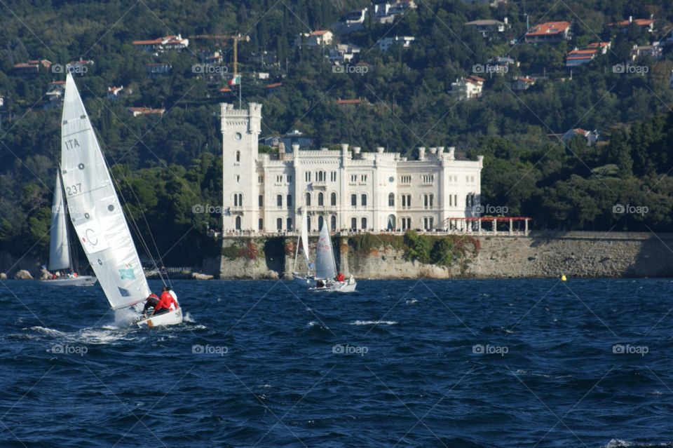 Miramare castle. Sailing in The gulf of Trieste