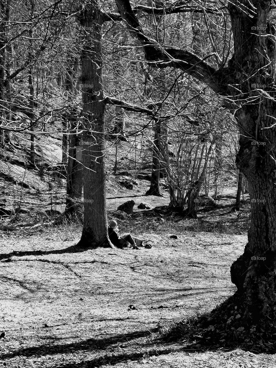 Woman sitting leaning against a tree in the spring sun