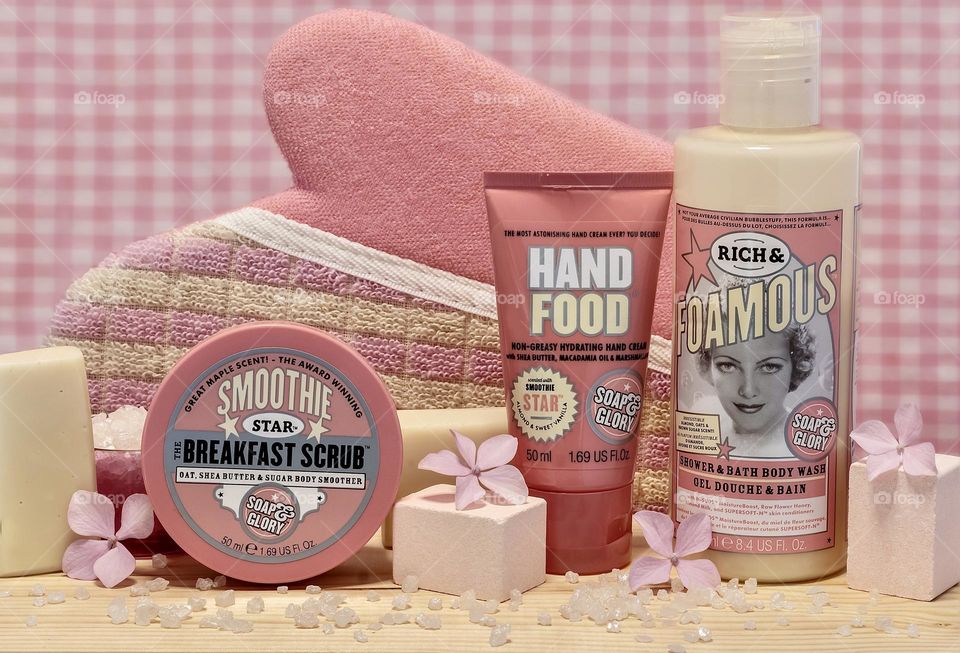 Selection of retro bathtime products in pink & cream