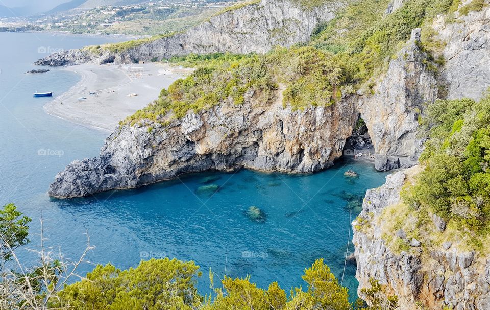View of the beach of San Nicola Arcella and Praia a Mare, Calabria, South Italy 