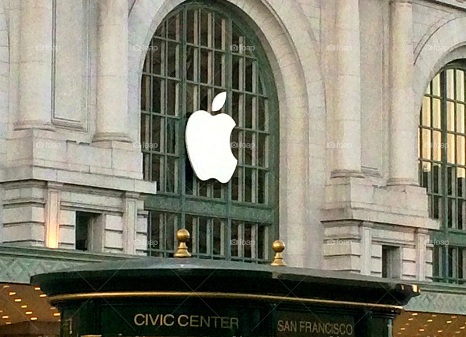 Apple Inc. Logo. September 9, 2015 San Francisco, California - The Apple logo Bill Graham Civic Auditorium for the Apple iPhone event.
