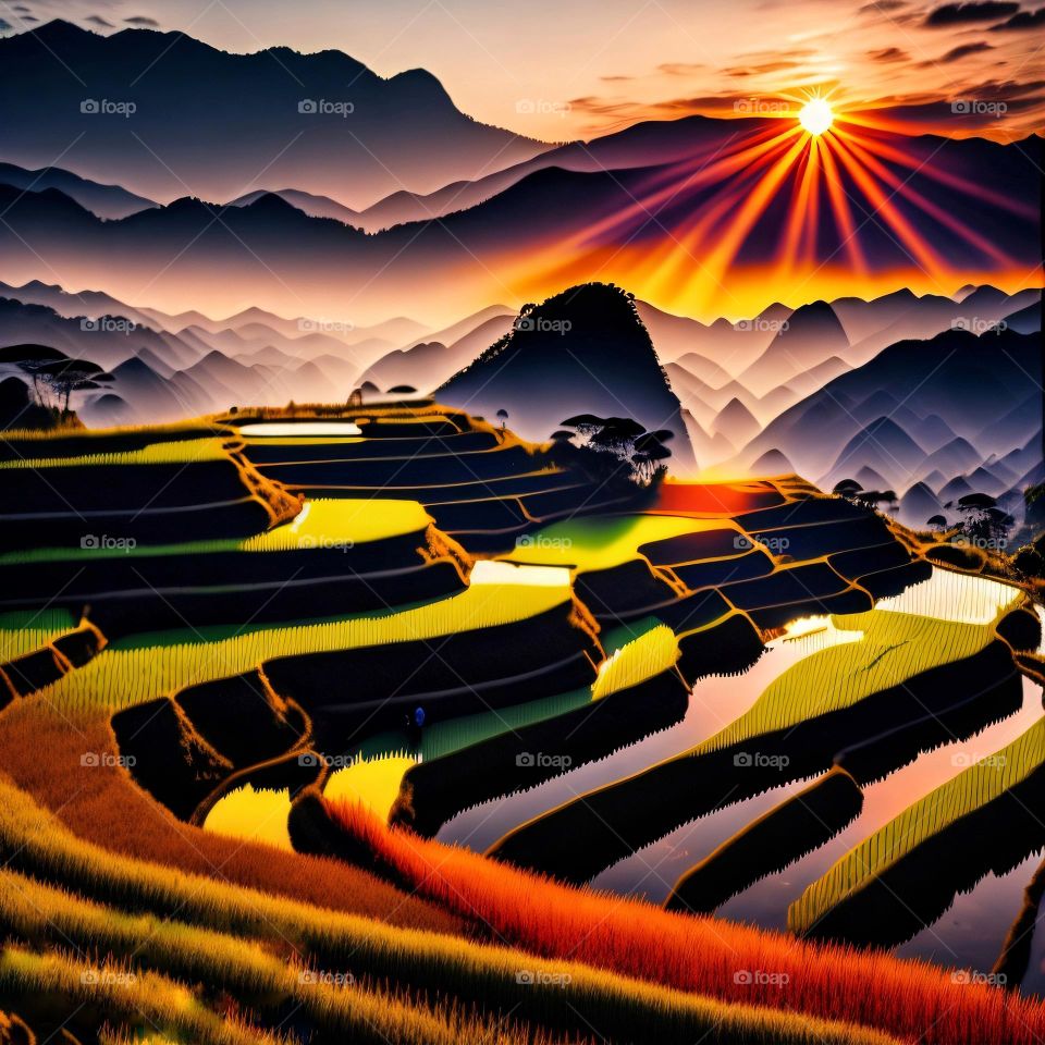 Sunset in Mu Cang Chai rice terraces valley