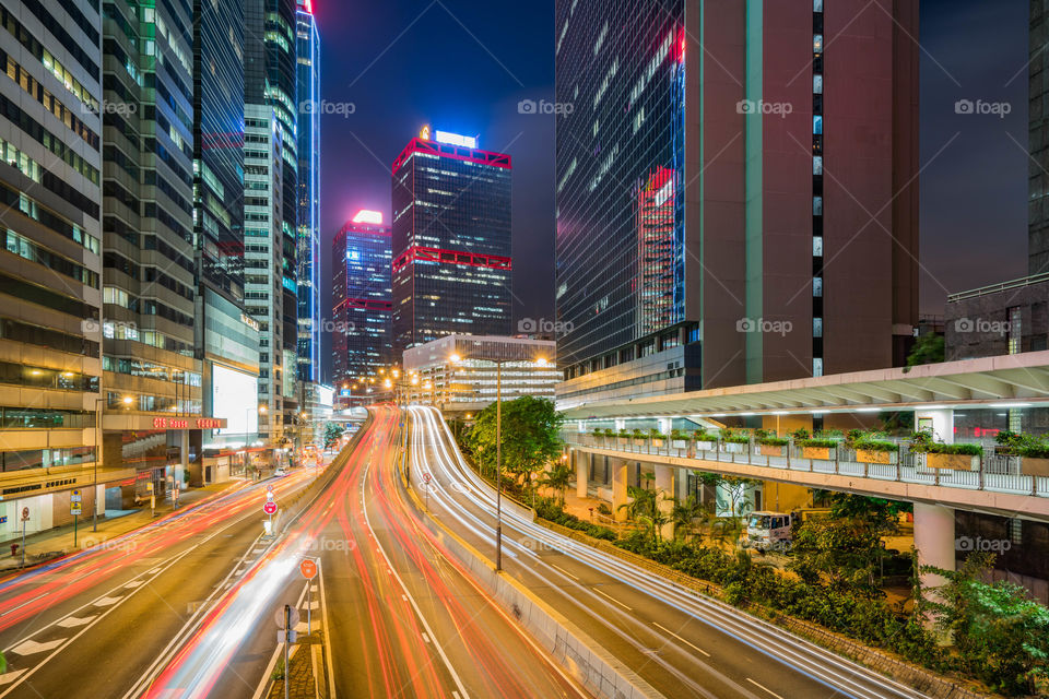 Hong Kong Night Cityscape with Traffic Lights Transportation
