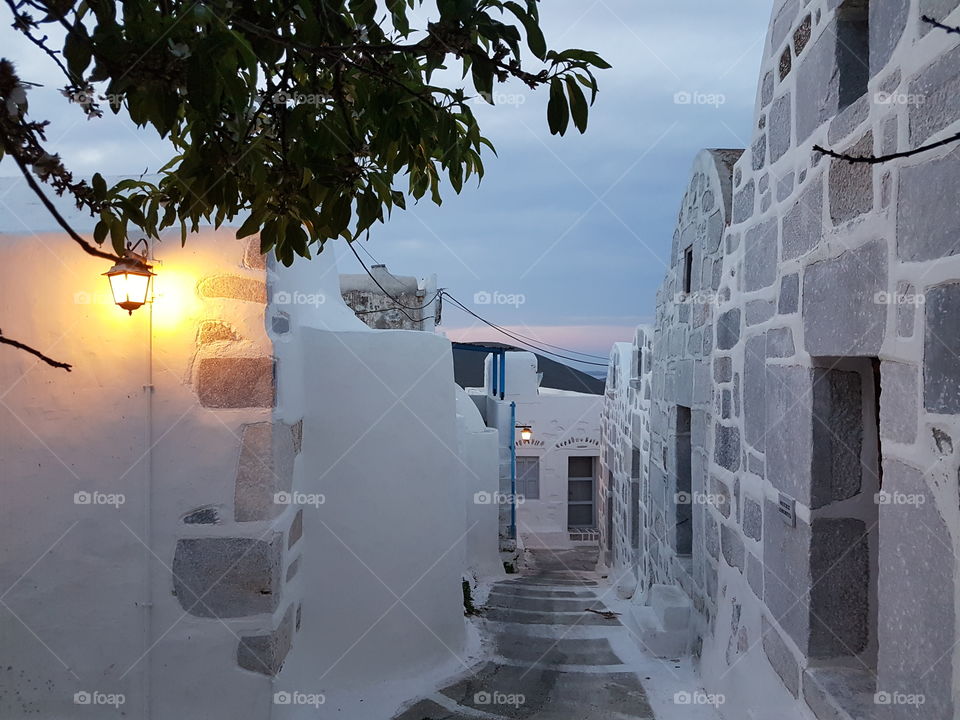 A street in the chora of Astipalea after sunset. Greece.