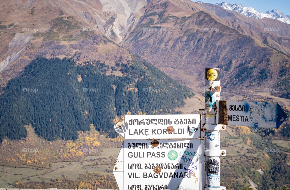 Beautiful Route sign along the way to Koruldi lake on Caucasus Mountains , Georgia is new famous landmark for tourists around the world