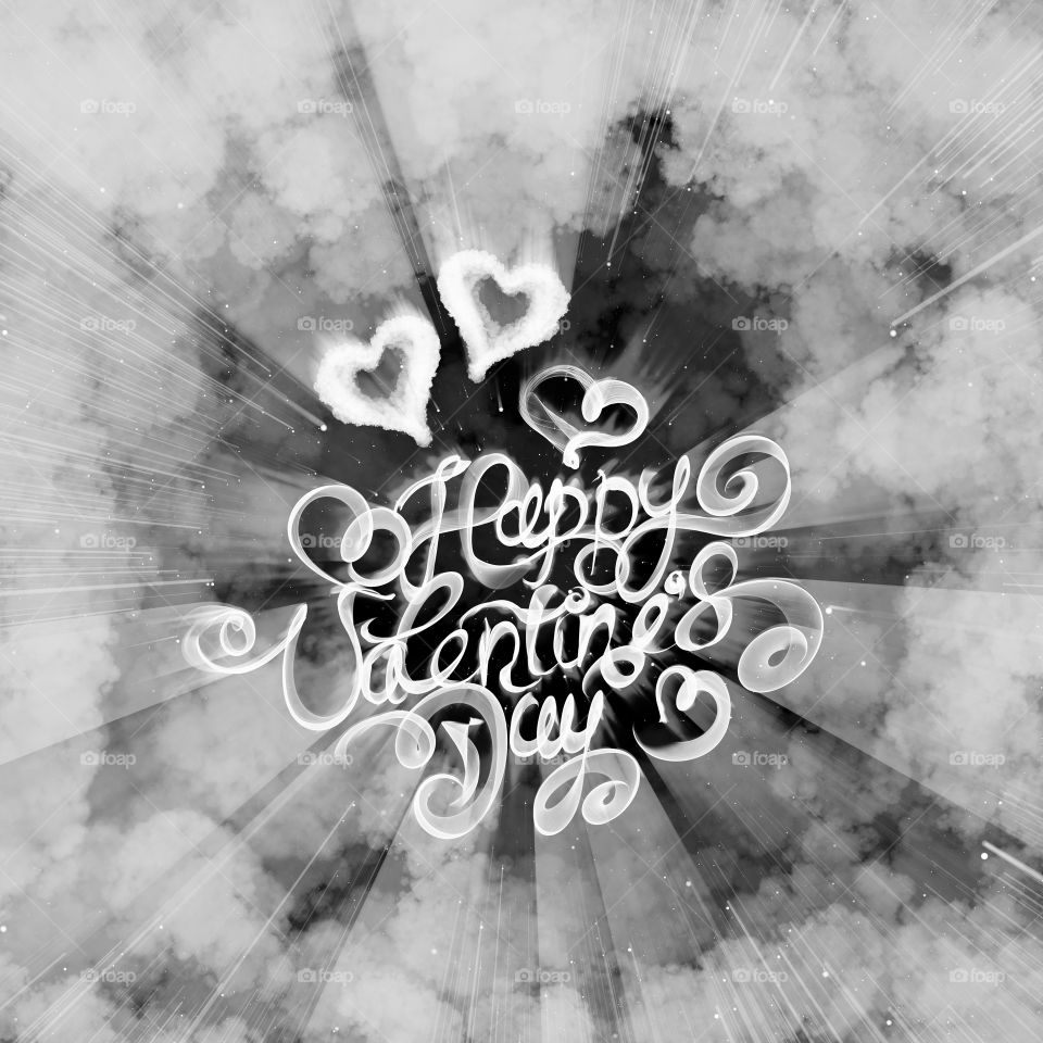Happy Valentines day vintage lettering written by fire or smoke over cloud background with flying hearts