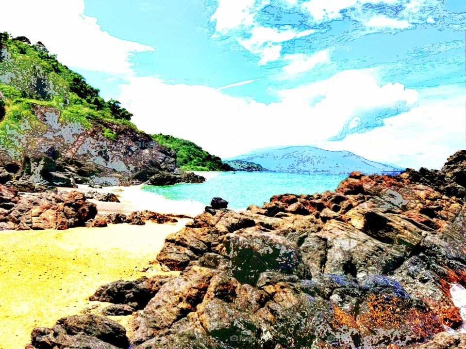 Drawing of sandy rocky tropical beach on Mindoro, Philippines