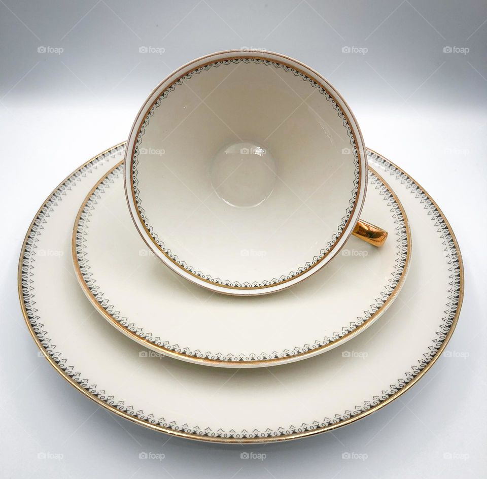 Vintage beige porcelain breakfast set, tea trio