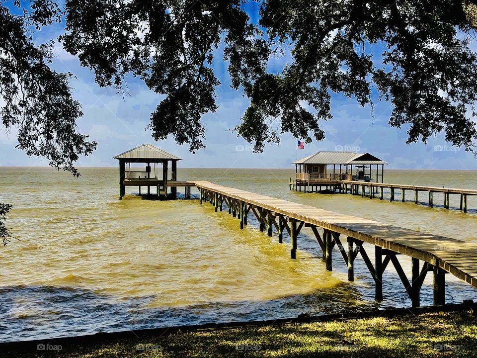Boardwalk and pier in the water with a blue sky and tree branches 