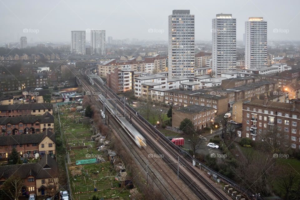 View of building and train in London 