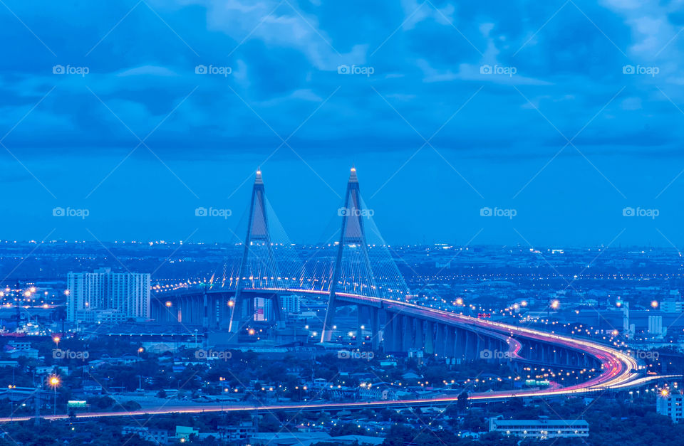 Beautiful scene of the famous landmark Bhumibol bridge in Bangkok Thailand