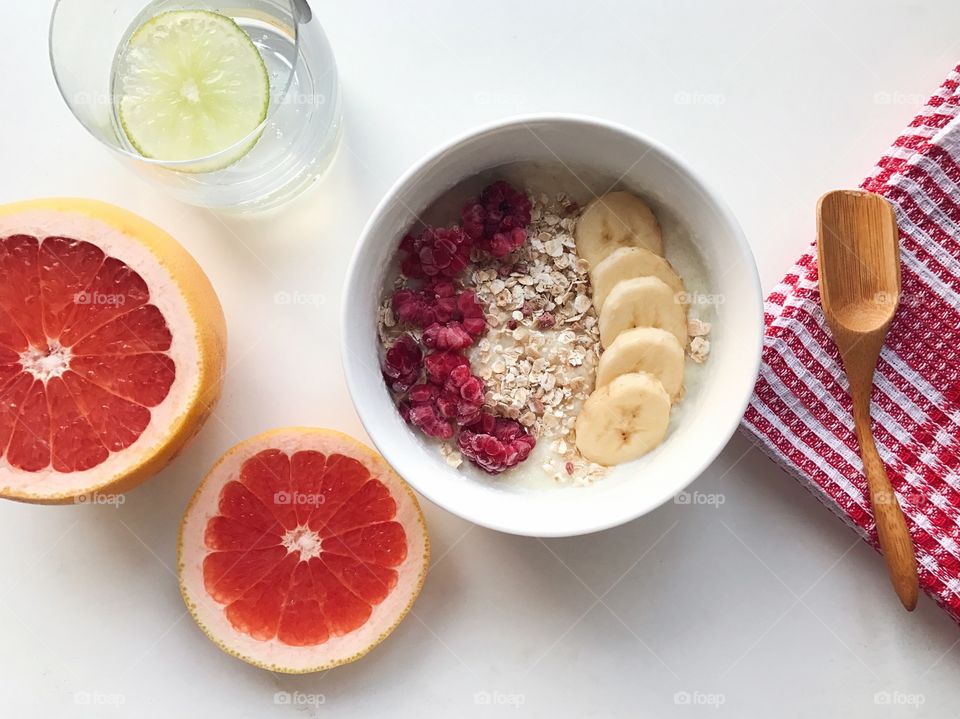 Close-up of breakfast with grapefruit