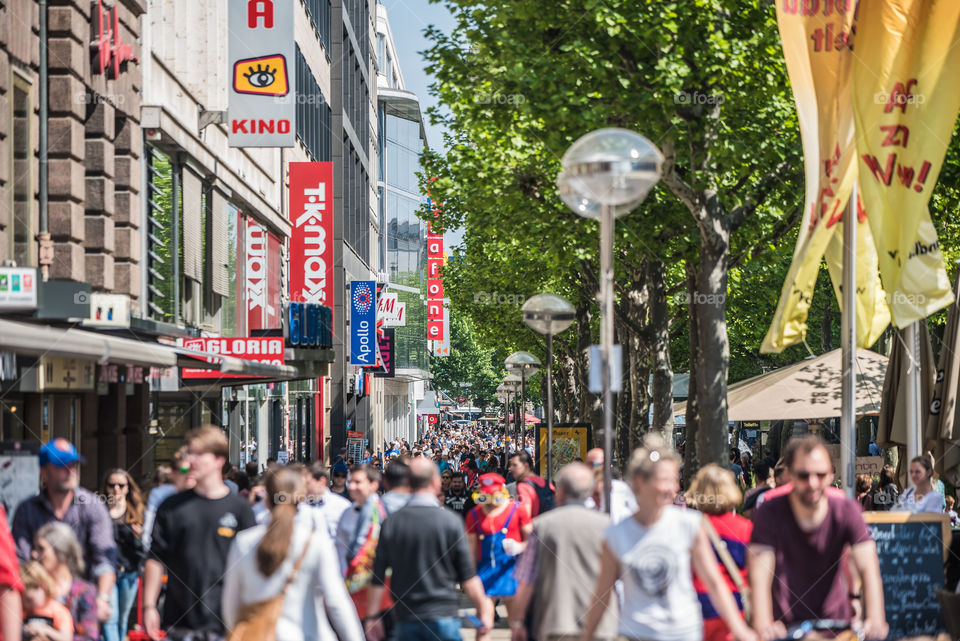 main shopping street in Stuttgart, Germany, warm May day, year 2018