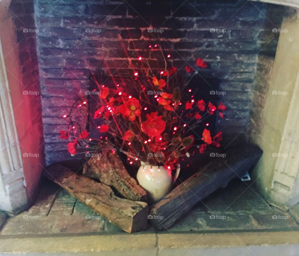 Red flowers and red light in fireplace 