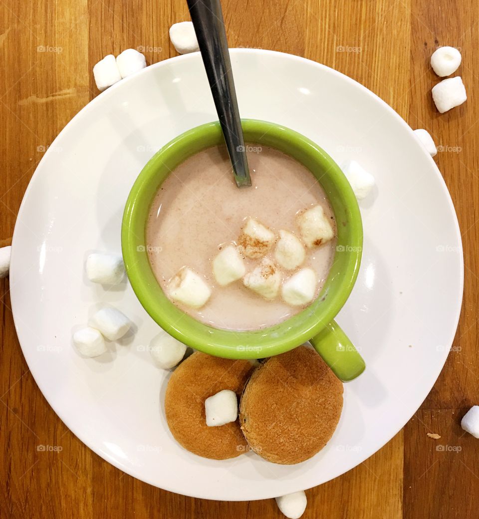 High angle view of coffee with marshmallow