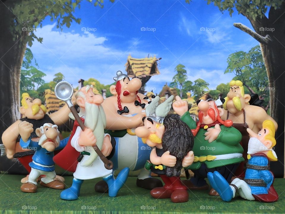 Asterix and the gang on stage for wefie. Tribute to Uderzo and Goscinny