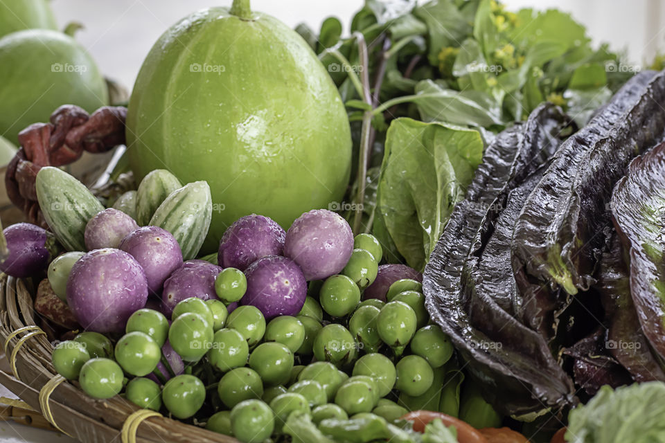 Vegetables in Thailand  Eggplant , Purple Winged Bean , Bitter gourd , Winter melon and red chilli.