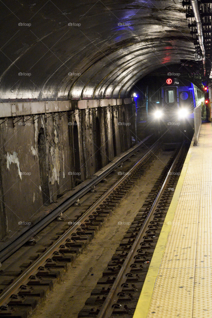 An approaching train in the NYC subway 