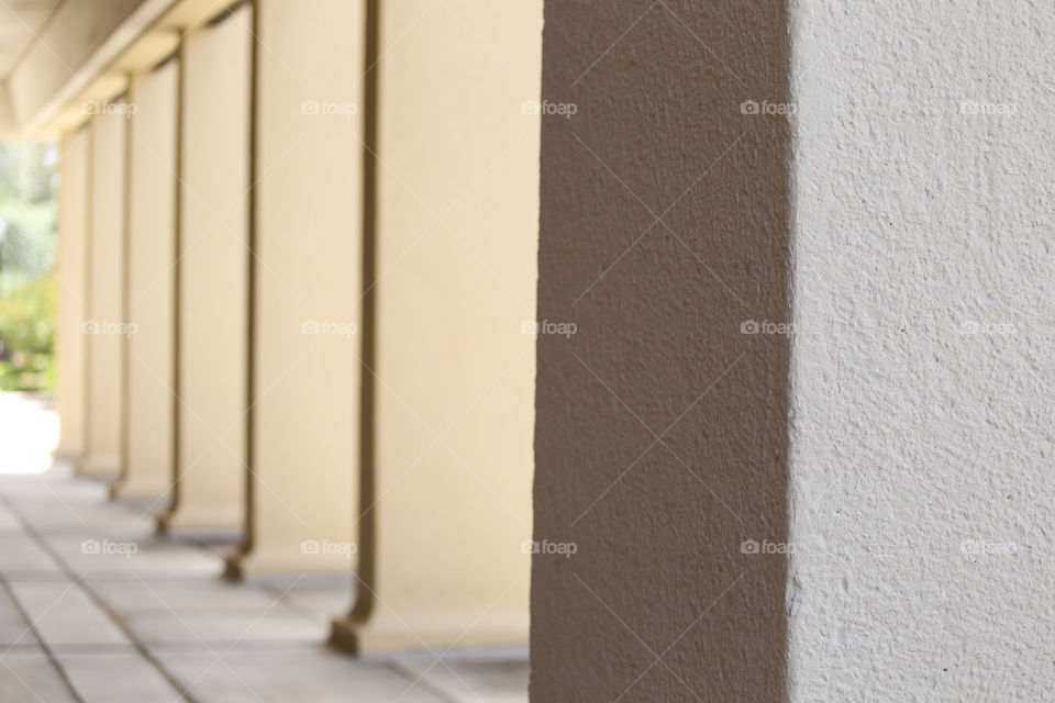 Architectural columns outside of a building with light coming through between them