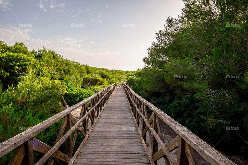 A boardwalk bridge to Playa de Muro beach in Can Picafort, Mallorca, Balearic Islands, Spain