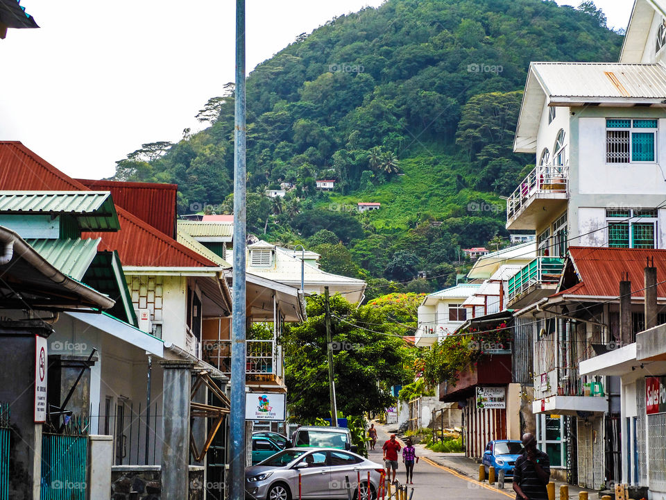 The beautiful streets and buildings on the Mahe island in Victoria, Seychelles