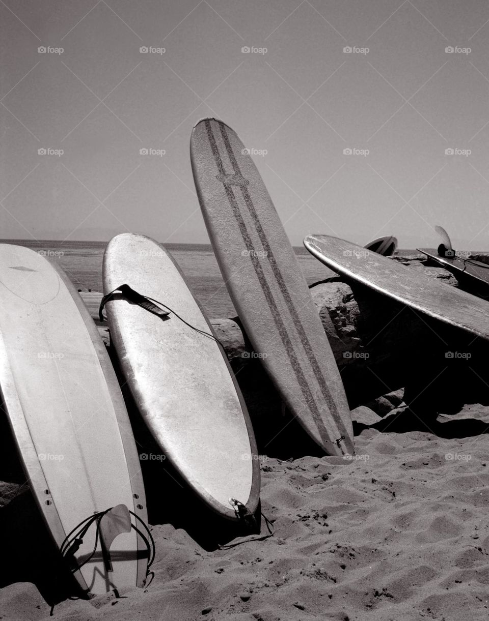 Vintage looking surfboards in  black and white on the beach with a retro style on a beautiful day to go surfing, go ride the waves 