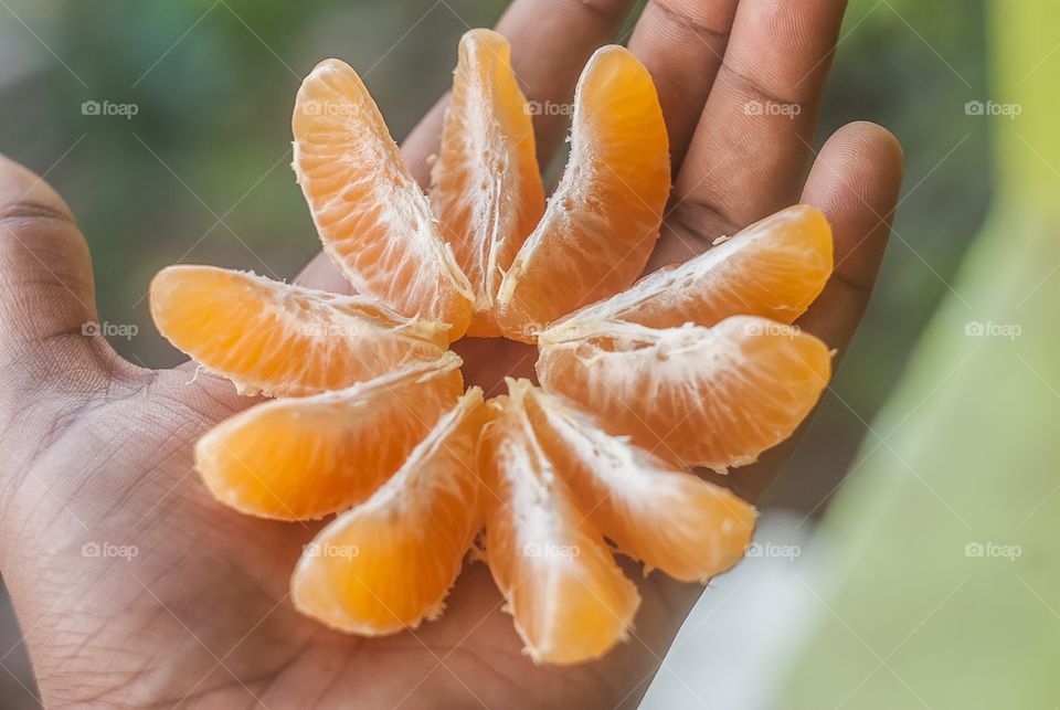 Slices of orange fruit on palm of hand