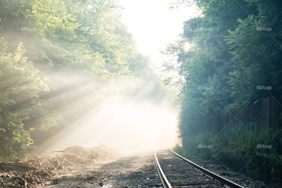 Light shining around bend on to train tracks 