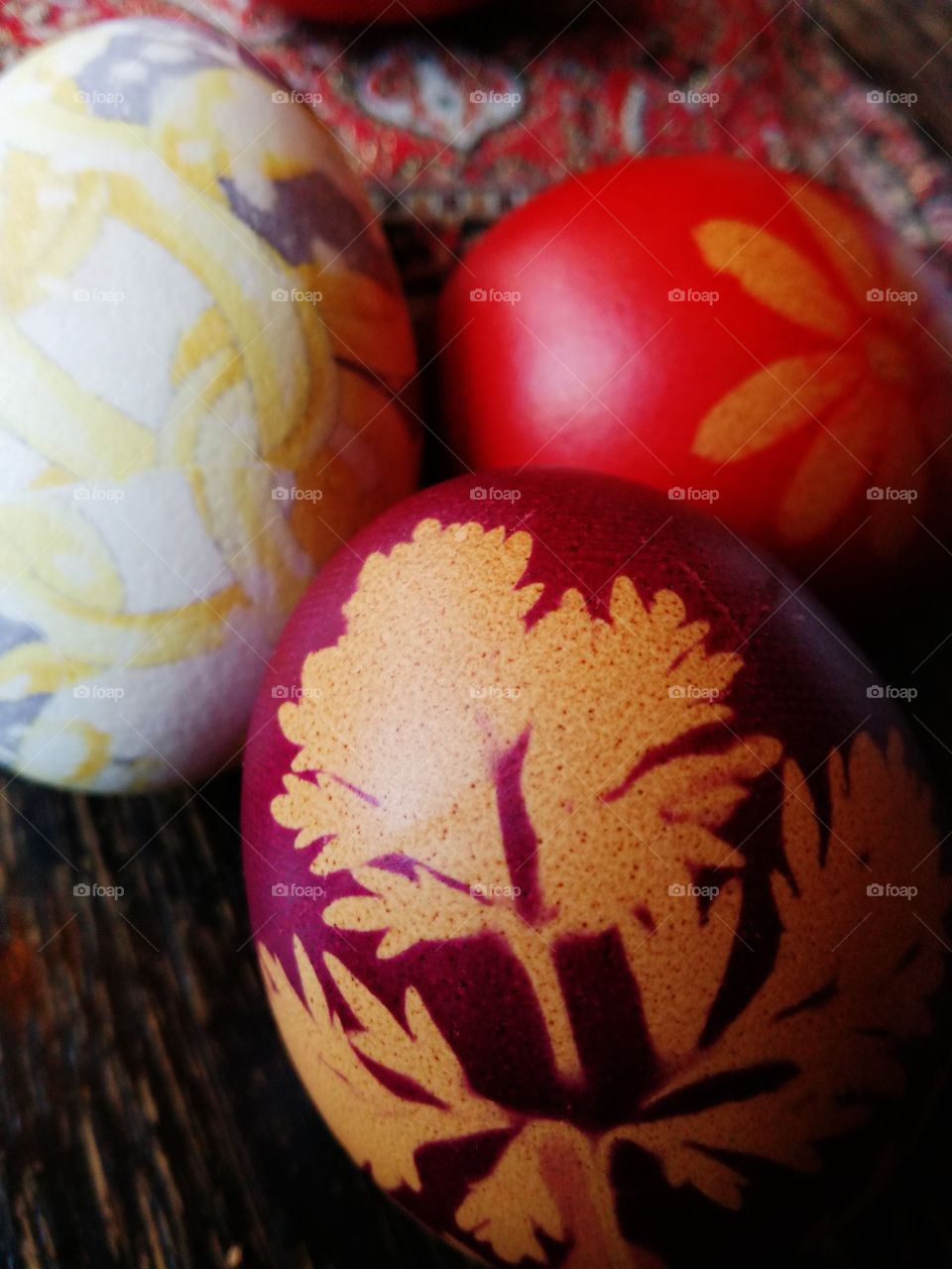 Easter eggs with red patterns macro shot