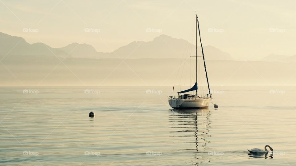 Boat in Lausanne lake in switzerland 