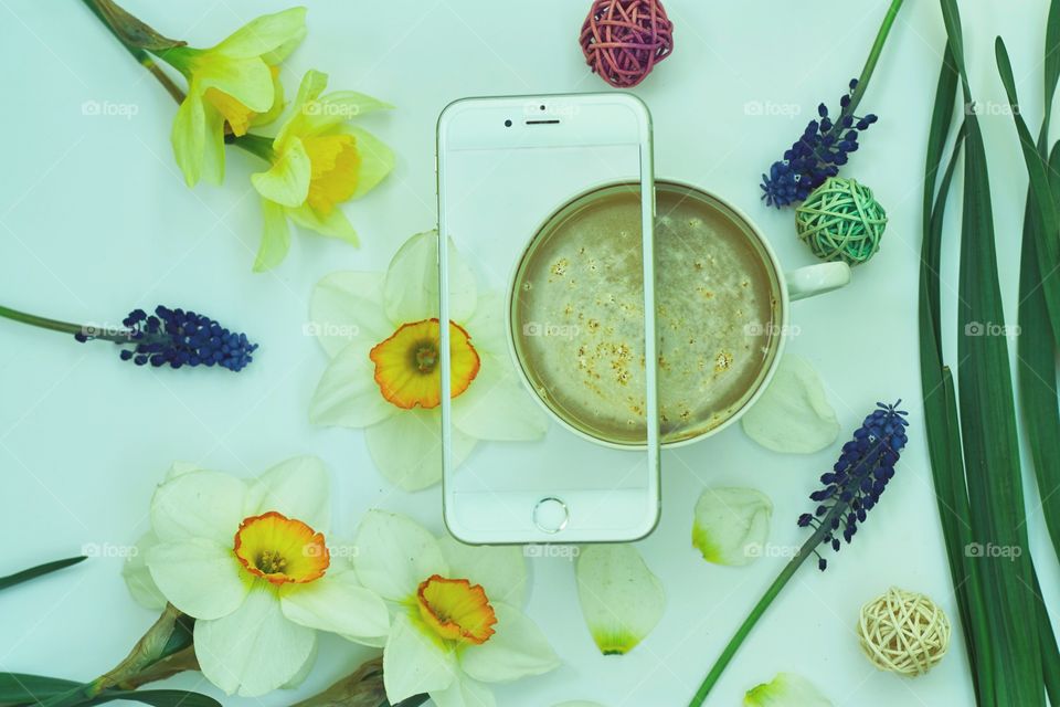 cup of coffee, flowers, telephone, great morning