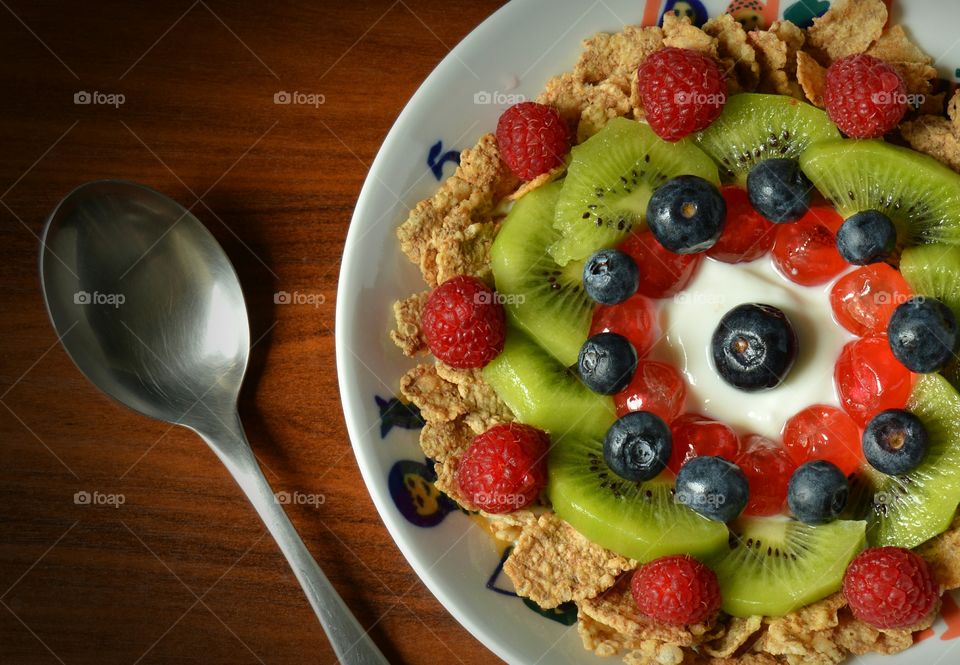 Colourful breakfast on table